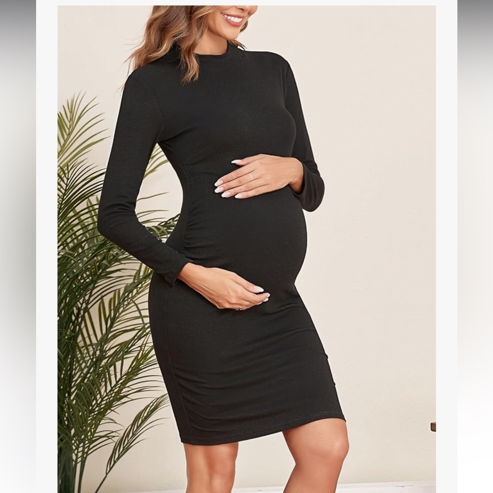 Black Rib Knit Long Sleeve & Side Ruched Bodycon Maternity Dress